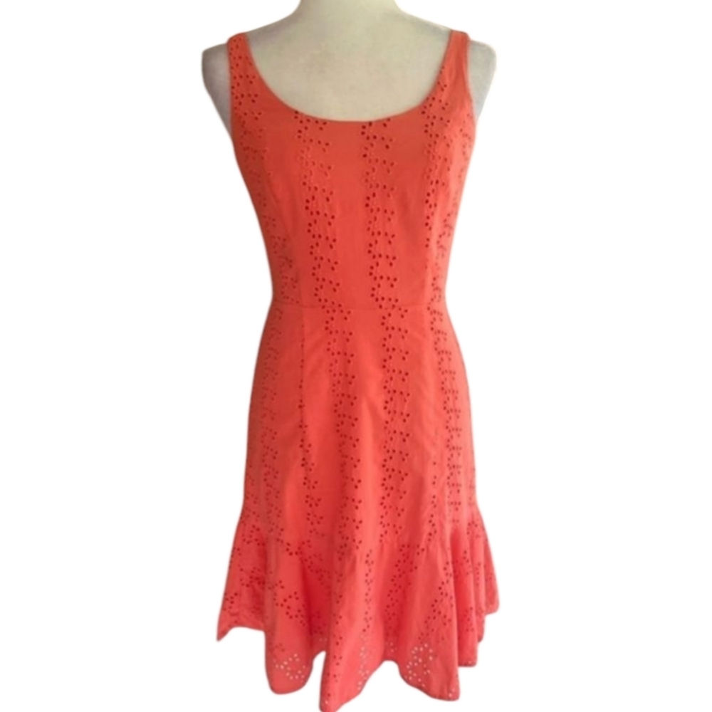 White House Black Market Coral Eyelet Fit & Flare Ruffle Hem Dress